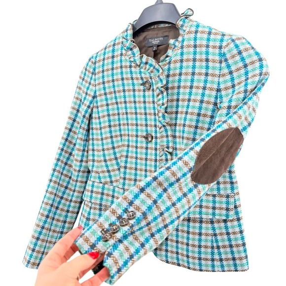 Talbots Jackets & Blazers - Talbots 100% Wool Blazer Women 2P Pre-Owned Plaid Blue Ruffle Elbow Patch Jacket